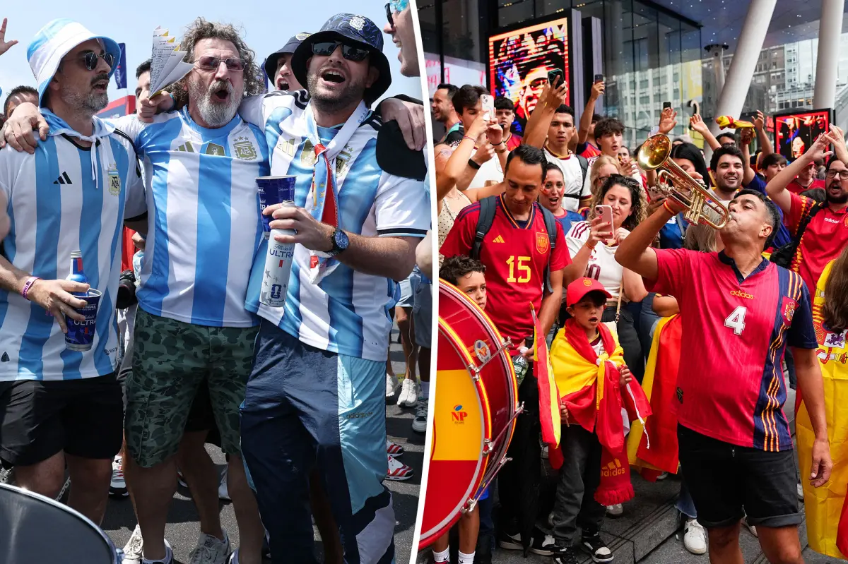 Soccer supporters from Argentina and Spain gather in New York before the World Cup final.