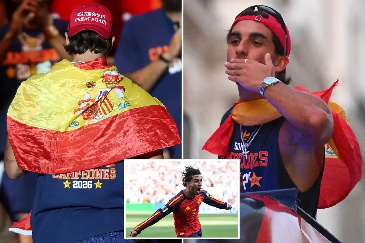 Spanish soccer player Ferran Torres sports a 'Make Spain Great Again' hat resembling Trump's slogan during his World Cup homecoming parade.