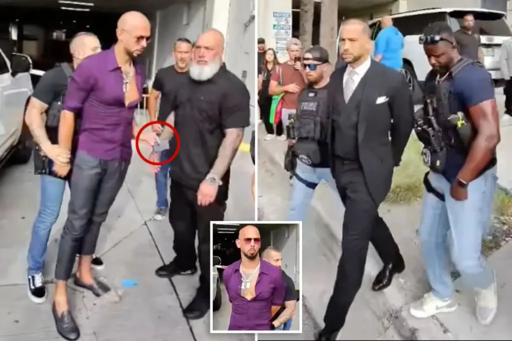 Video of Andrew Tate's arrest captures the moment he attempted to hand his phone to his bodyguard while being restrained by US Marshals.