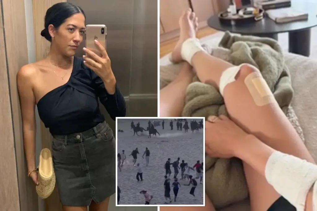 Woman emotionally reacts after being assaulted by a mob in Newport Beach unrest