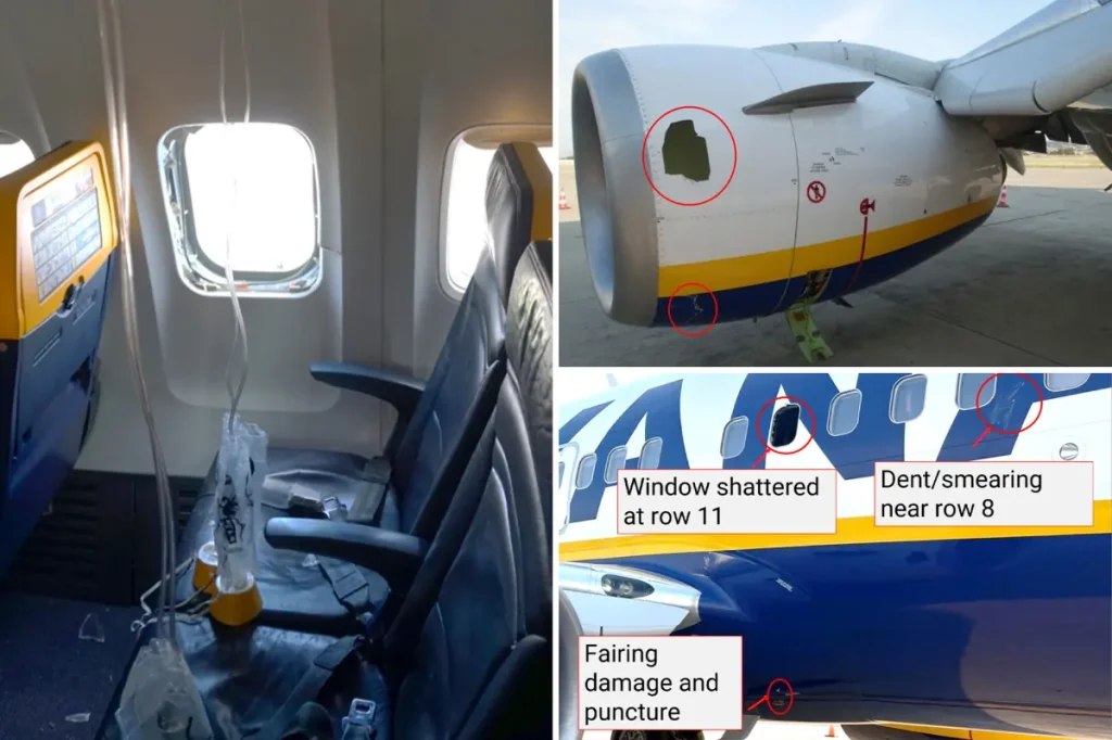 A bird strike might have led to a Ryanair passenger being partially pulled out of a window.