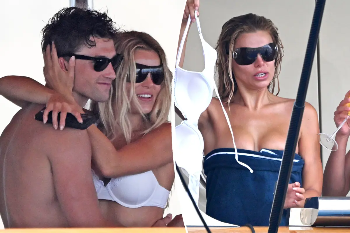 Brooks Nader has another bikini top mishap while getting comfortable with model Jack Lumsden on a yacht in Positano.