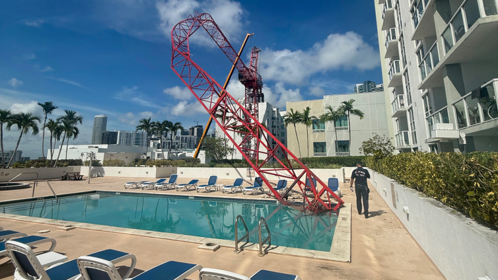 Crane falls at Miami luxury condo pool, no one hurt