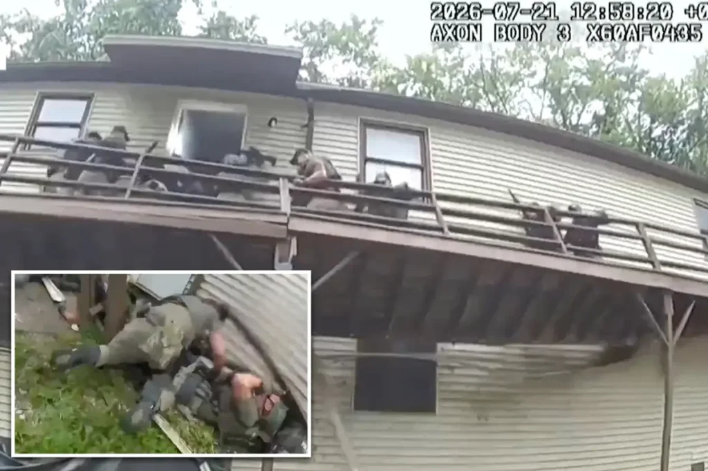 Disturbing footage captures US Marshals falling several feet after a deck gives way at a convicted sex offender's house