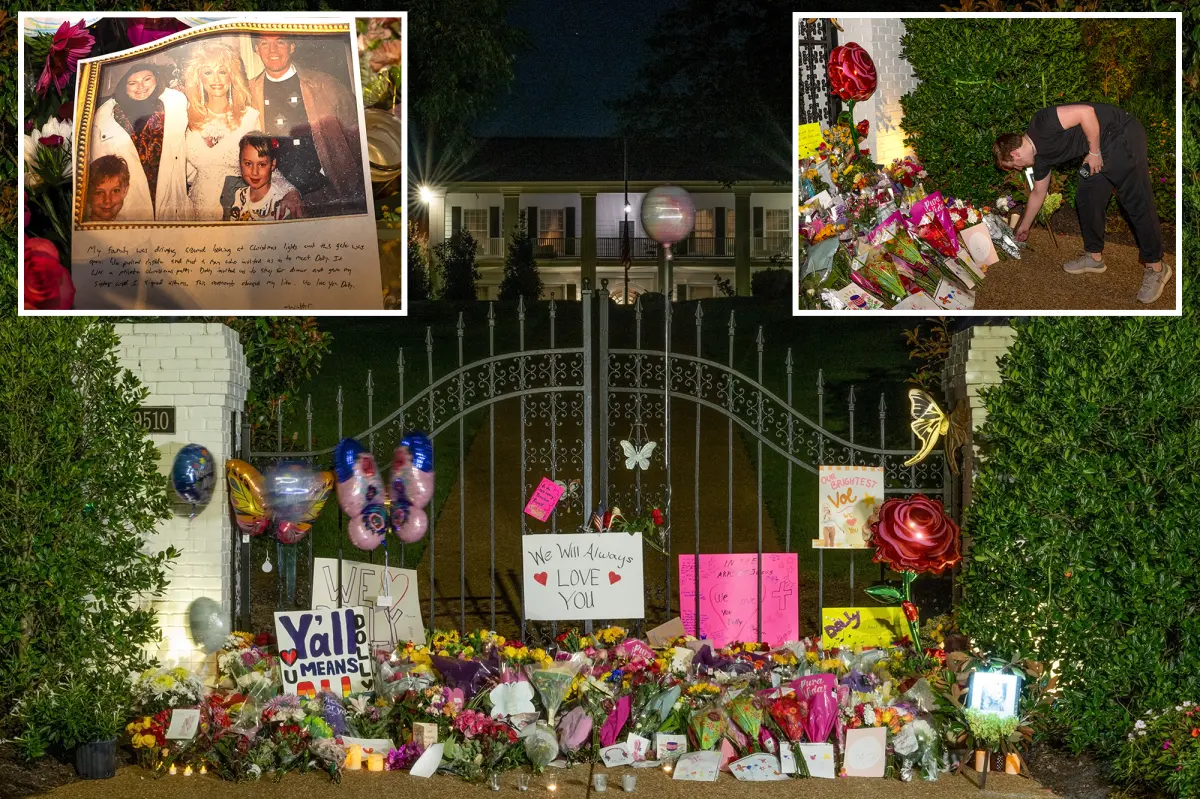Dolly Parton fans pay tribute to the legend with flowers and handwritten messages outside her Tennessee residence.