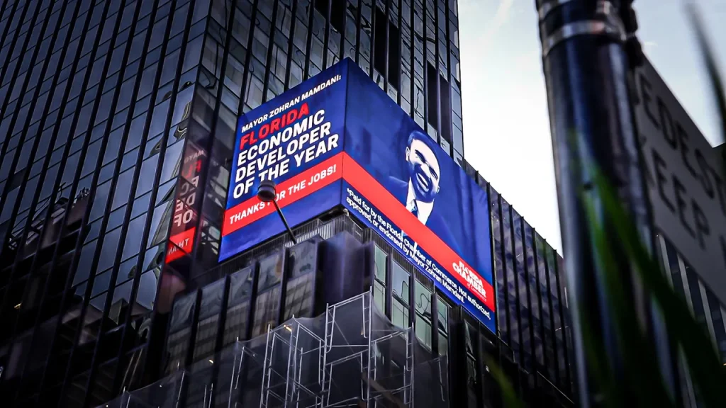 Florida recognizes NYC Mayor Mamdani as 'Economic Developer' on a Times Square billboard.