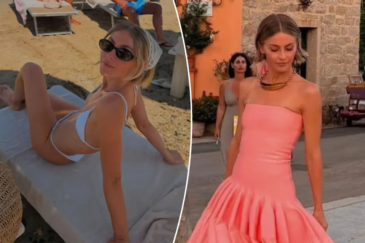 Julianne Hough shows off her fit body in bikinis while sharing pictures from her trip to Sardinia.