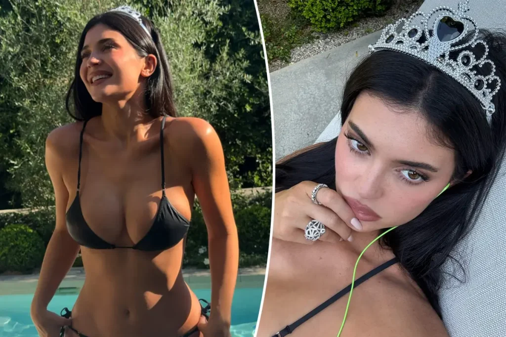 Kylie Jenner accessorizes her bikini with over $100,000 in jewelry, featuring a tiara.