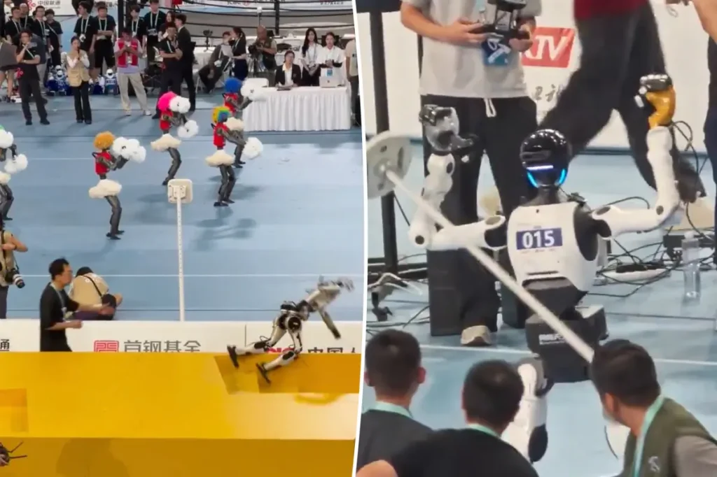 Robot fails after being distracted by a cheering machine team