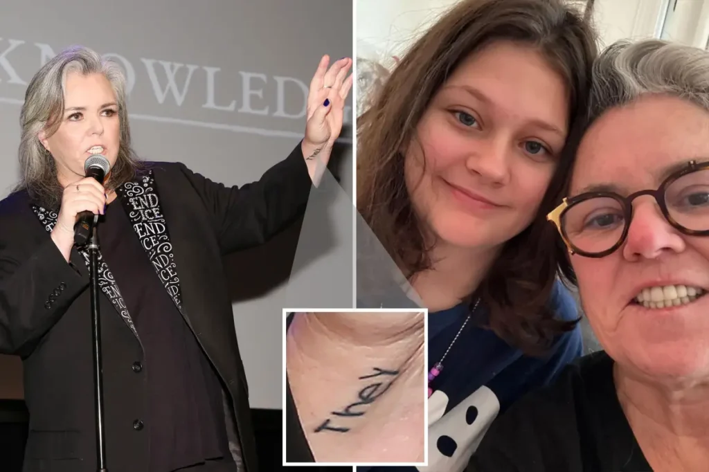 Rosie O'Donnell displays her progressive tattoo to honor her nonbinary child&rsquo;s &lsquo;they&rsquo; pronoun &mdash; then quickly refers to the teen as &lsquo;she&rsquo;