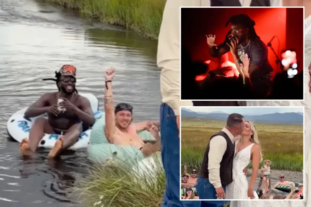 Shaboozey unexpectedly appears at a wedding while in a California river.