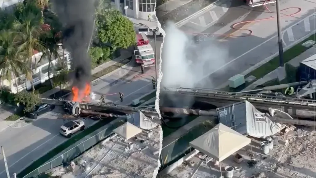 A construction rig falls onto three cars in Miami, leaving two workers trapped.