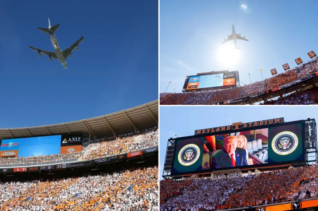 Air Force One performs a flyover ahead of Trump's attendance at the Texas-Tennessee game
