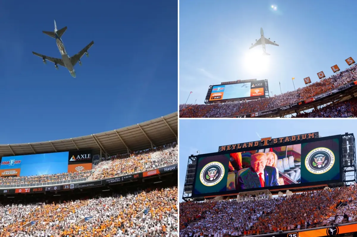 Air Force One performs a flyover ahead of Trump's attendance at the Texas-Tennessee game