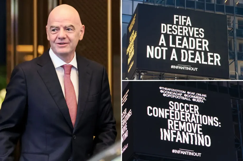Billboard in Times Square calls for the removal of FIFA president Gianni Infantino