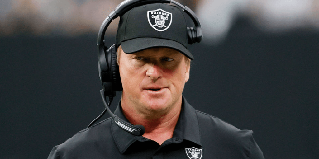 Coach Jon Gruden yells at a fan in a notable pro-America speech about the NFL's international schedule