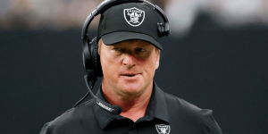 Coach Jon Gruden yells at a fan in a notable pro-America speech about the NFL's international schedule
