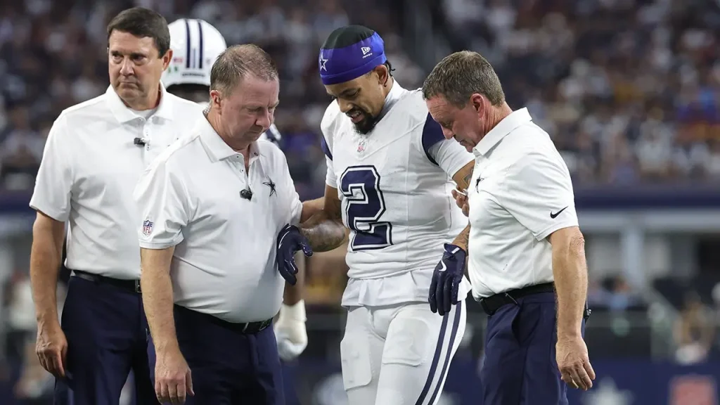 Cobie Durant of the Cowboys gets stepped on in the worst spot during victory over the Commanders