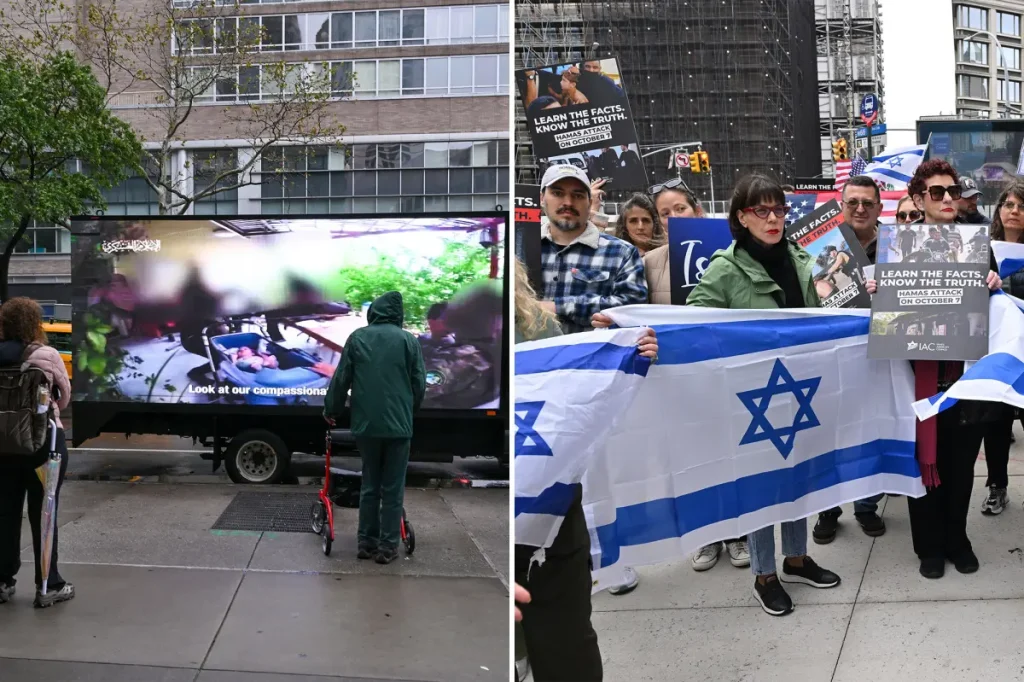 Demonstrators face a winter storm outside the showing of an anti-Israel documentary at a film festival in New York City.