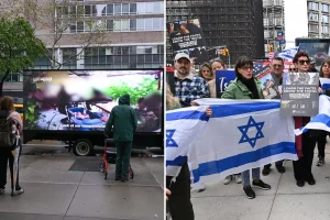 Demonstrators face a winter storm outside the showing of an anti-Israel documentary at a film festival in New York City.
