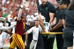 Desman Stephens from USC celebrates after a hit sends Oregon QB Dante Moore to the hospital.