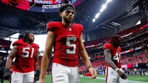 Drake London of the Falcons yells at a fan during the team's heavy defeat to the Panthers