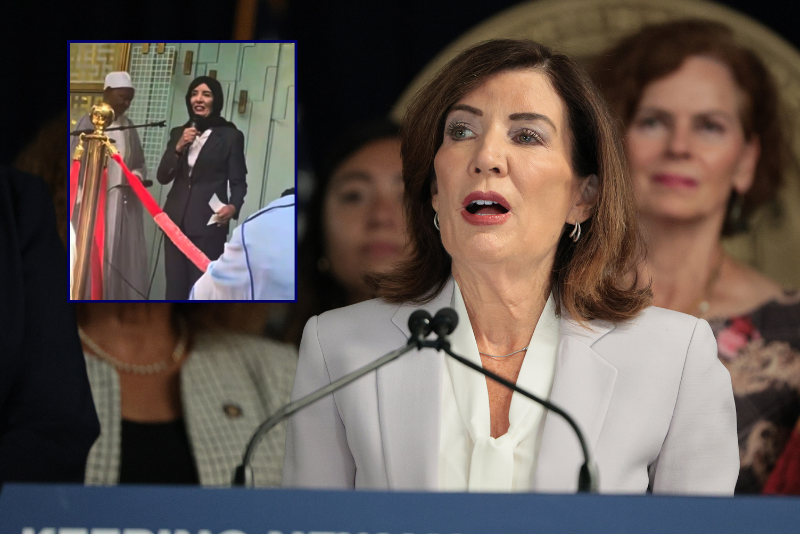 Governor Hochul faces criticism and ridicule for wearing a headscarf at an Islamic Center event.