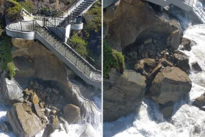 Hurricane waves cause a large rockslide along the California coastline.