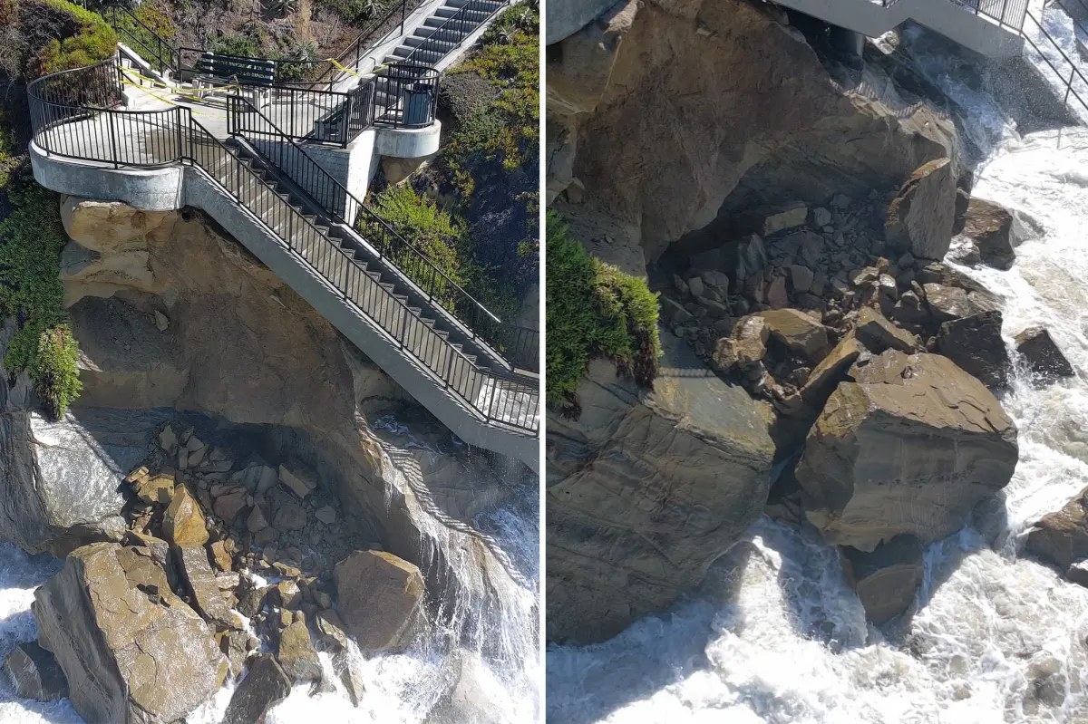 Hurricane waves cause a large rockslide along the California coastline.