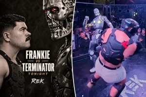 Novice fighter faces off against a humanoid robot in a landmark event