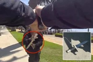 Police bodycam video captures a man with a knife rushing toward officers in Santa Monica.