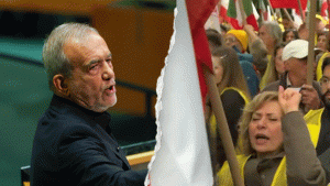 Protestors outside the UN assembly labeled Iran's president a terrorist.