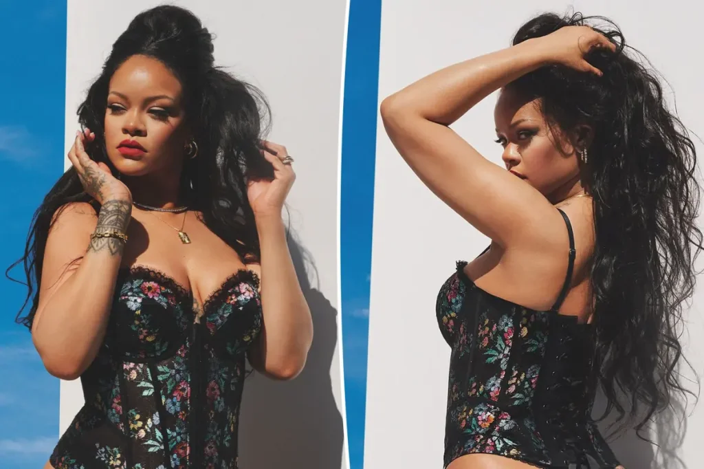 Rihanna shows some playfulness in a lace corset and thong for Savage X Fenty