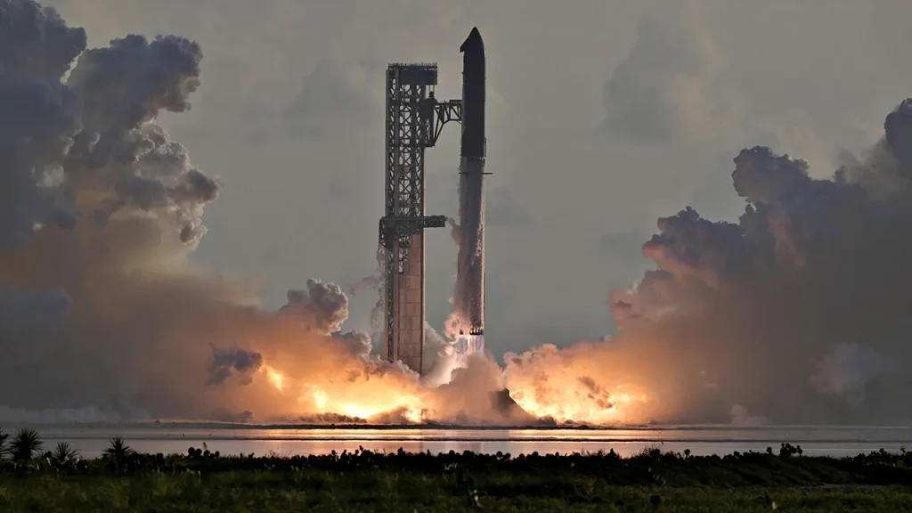 SpaceX Starship takes off for its initial orbital test flight with Starlink.