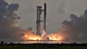 SpaceX Starship takes off for its initial orbital test flight with Starlink.