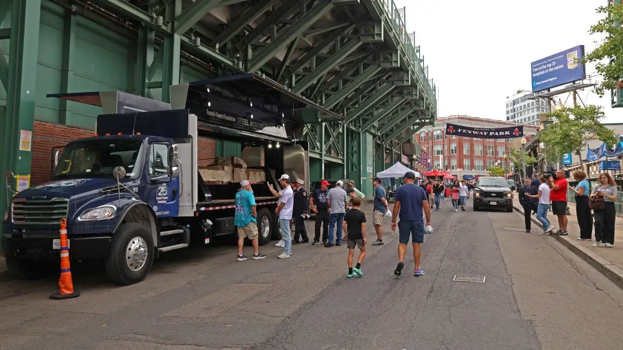 Steel beam from Tunnel to Towers arrives at Fenway Park after leaving the World Trade Center