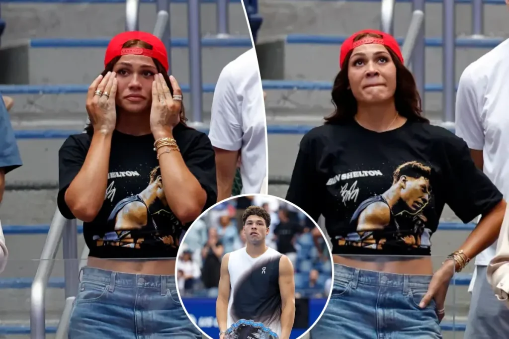 Trinity Rodman cries during Ben Shelton's speech after the US Open match.