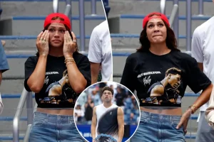 Trinity Rodman cries during Ben Shelton's speech after the US Open match.