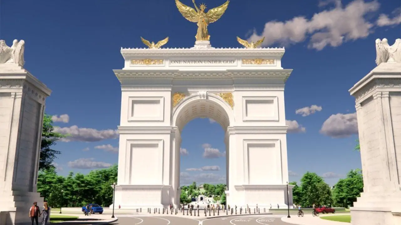 Trump announces that the Arlington victory arch will use drones and snipers.