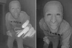 A family's doorbell camera in Texas records a man wearing a Joe Biden mask eating a banana outside their house.