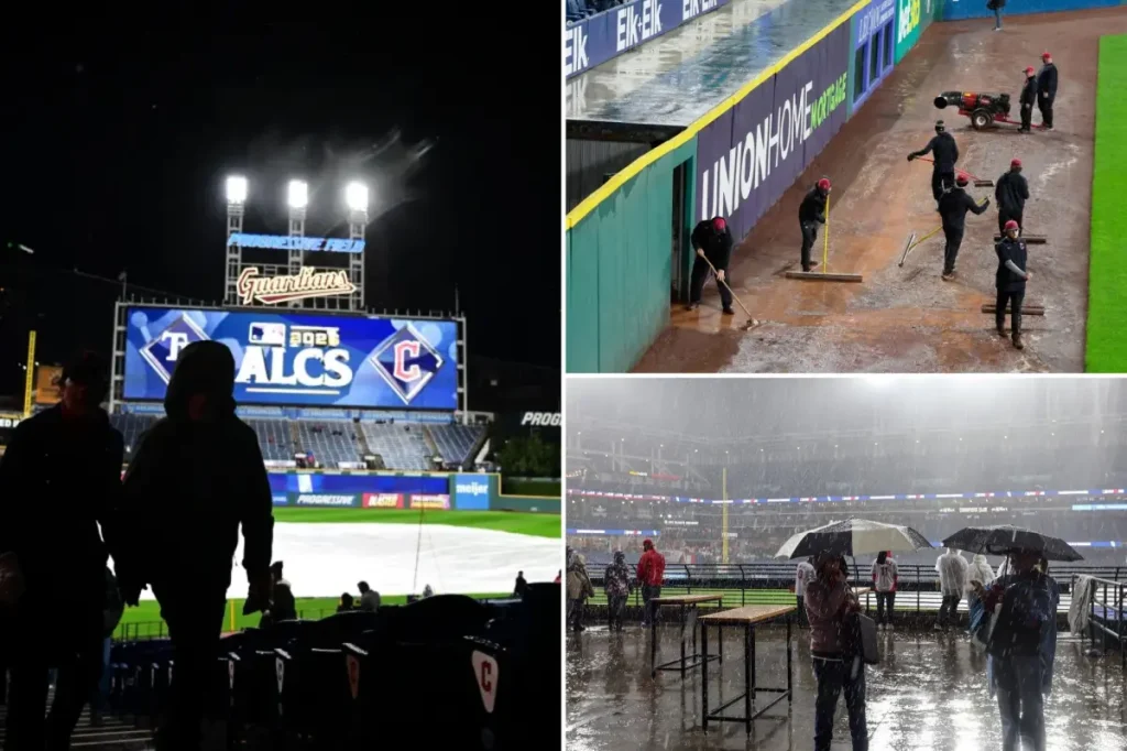 ALCS Game 4 is delayed due to heavy rain in Cleveland.