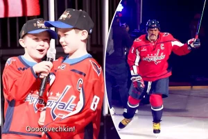 Alex Ovechkin's children present him at the Washington Capitals' home opener during his last NHL season.