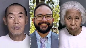 California woman charged with her son-in-law's death alleges that her husband fired the deadly shots.