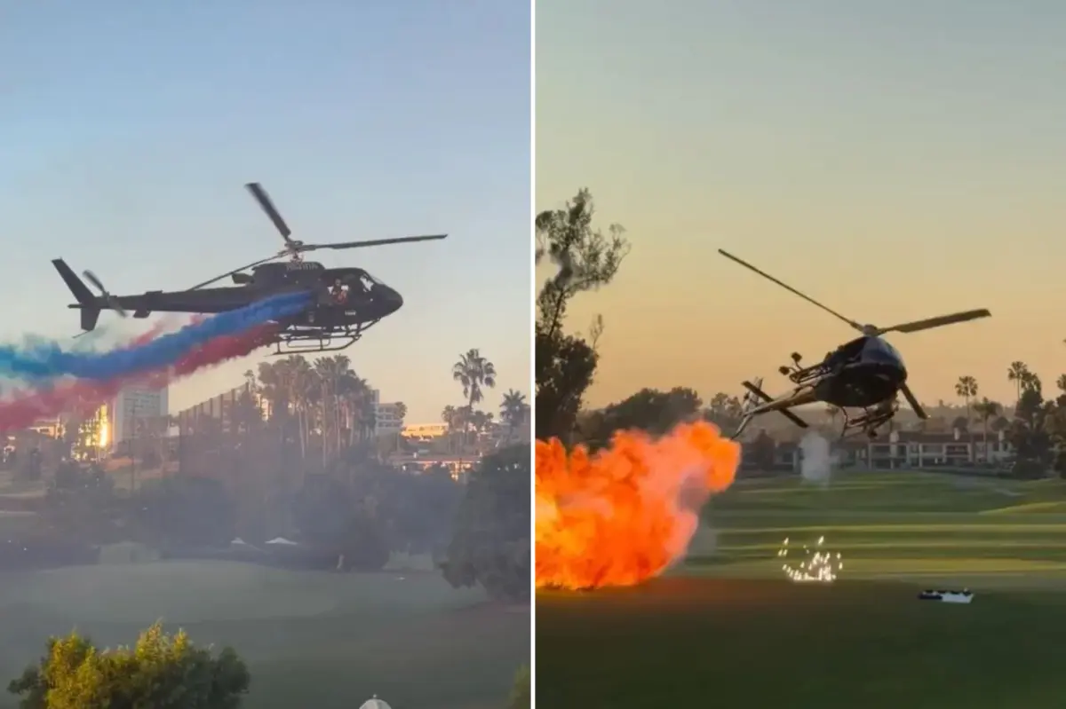 Dark helicopter fires fireworks at Newport Beach celebration