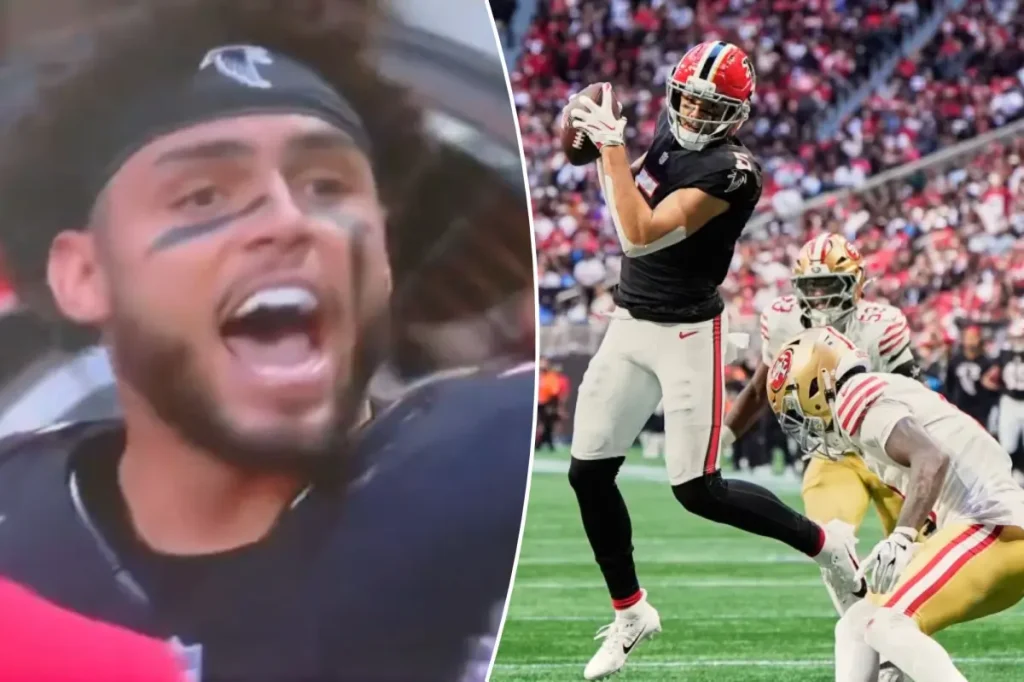 Drake London of the Falcons involved in intense exchange with referee during defeat of the 49ers