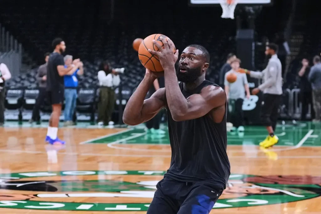 Jayson Tatum and Jaylen Brown overlook one another during Brown's return to Boston