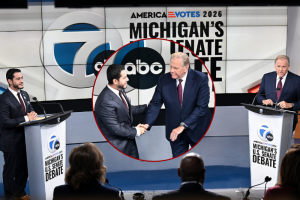 Michigan Senate candidates Mike Rogers and Abdul El-Sayed participate in a televised debate.