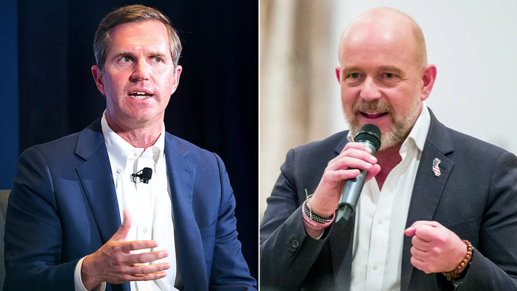 Steve Hilton confronts Andy Beshear about Democratic initiatives, referencing California's railway issues