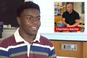 Student JoJo Yawson excels in chemistry Regents exam, meeting teacher's 25-year challenge for $100.