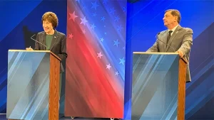 Susan Collins and Troy Jackson argue about a protester in Maine debate